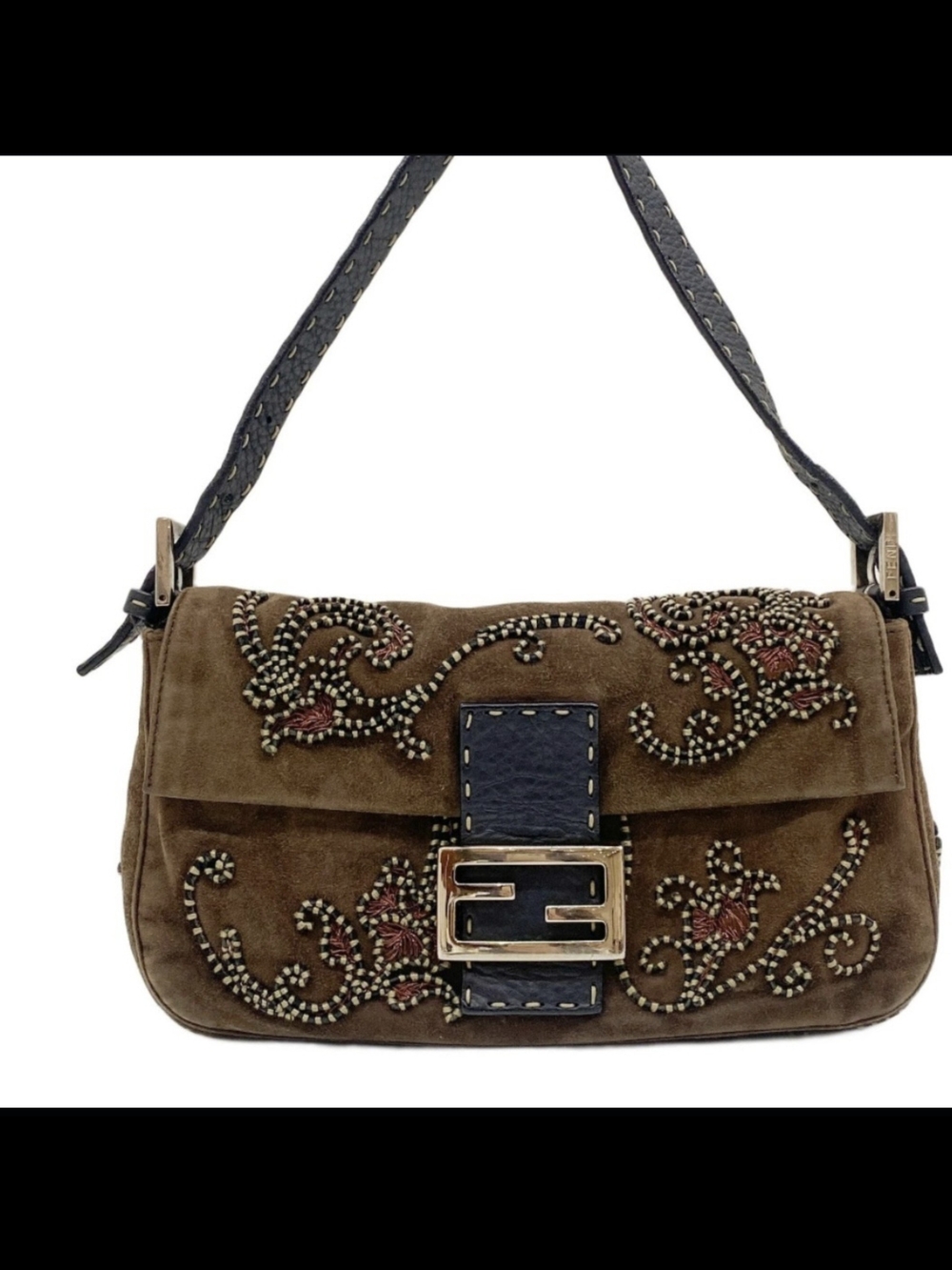 ISO Fendi Brown Suede Embellished Shoulder Bag with Black Trim